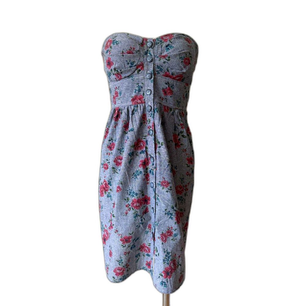 BNWOT Strapless Floral Rose Denim Dress Sweetheart Bustier Bodice -Sequin Hearts